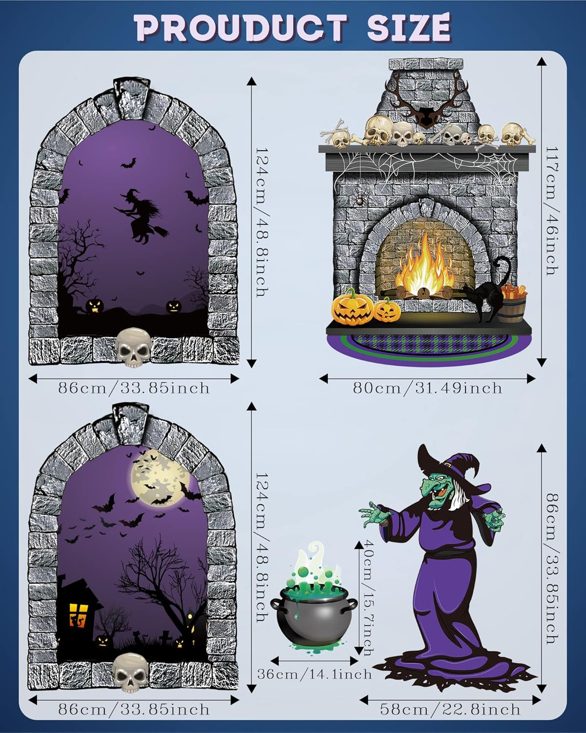 5 Pcs Halloween Scene Setter Night Window Skull Fireplace Witch Bubbling Cauldron Background Backdrop Decor Cloth Booth Medicine Stove for Home Decor image number 5