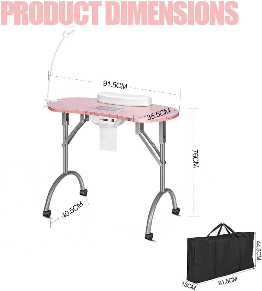 GUDAJIN Portable Manicure Table, Folding Table with Wheels, Beauty Manicure Workstation, Built-In Dust Collector, Nail Lamp, Sponge, Carrying Bag, Suitable for Nail Spa Beauty Salon (Pink) image number 2