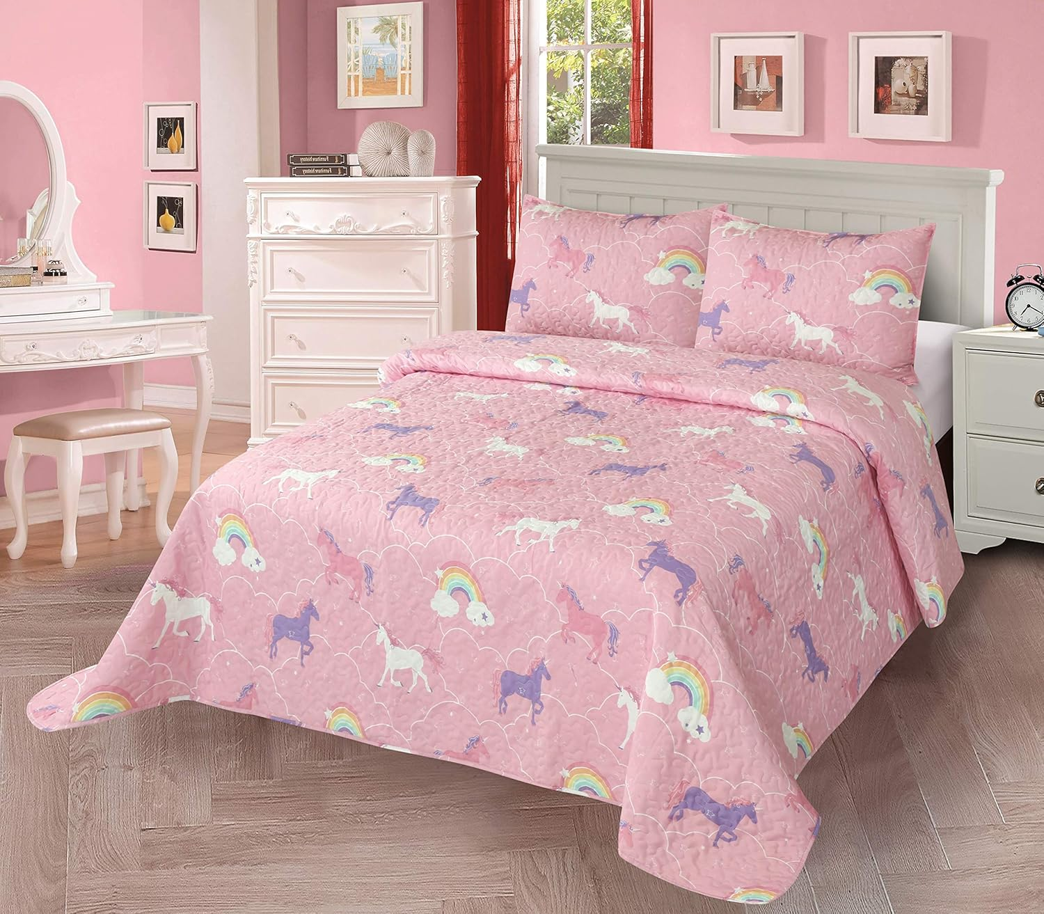 2Pc Twin Size Quilt Bedspread Kids/Teens Hearts Pink Purple/Lavander White Girls Multicolor Bedding New image number 4