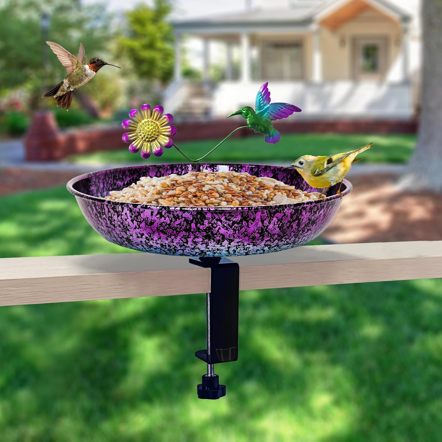 Deck Bird Bath for Outdoors, 11 Inch Colorful Purple/Blue Metal Birdbath Bowl Adjustable Steel Clamp Mounted Garden Bird Bath Feeder for Railing Balcony Outdoor Decor Yard Art