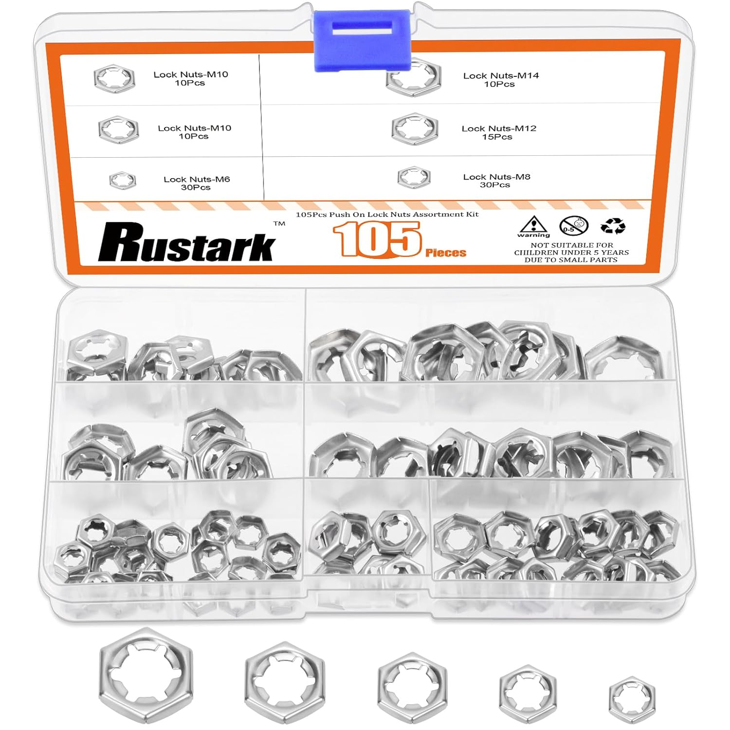 Rustark 105Pcs M6 M8 M10 M12 M14 304 Stainless Steel Push on Lock Nuts Assortment Kit Push Nuts Hex Hardware Nuts Fasteners Metric Machine Nuts for Machinery Manufacturing