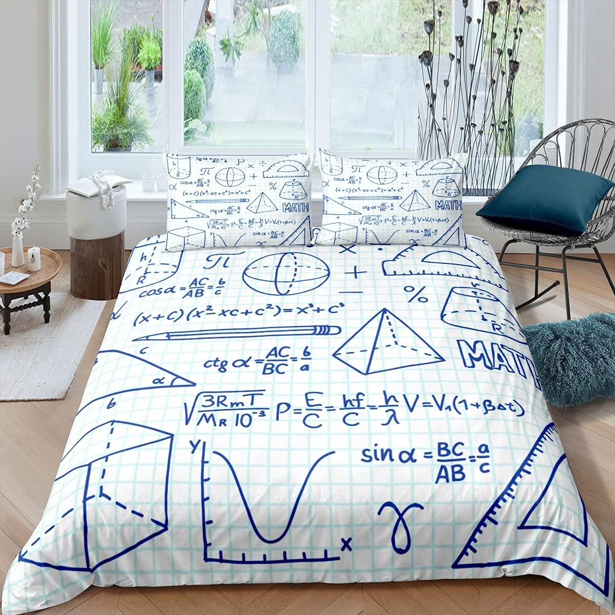 Red Greenmath Equation Comforter Cover 155 X 220 Cm, Mathematics Geometric Formula Bedding Set for Boys Girls Science Students School Educational Grid Duvet Cover Set Dorm Decor Blue
