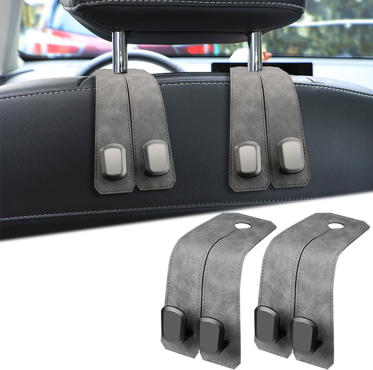 Elegananccy 2 Pack Double Car Seat Headrest Hooks, Leather Car Purse Hanger Holder for Bags, Cars Organizer and Storage Accessories for Women(Black)