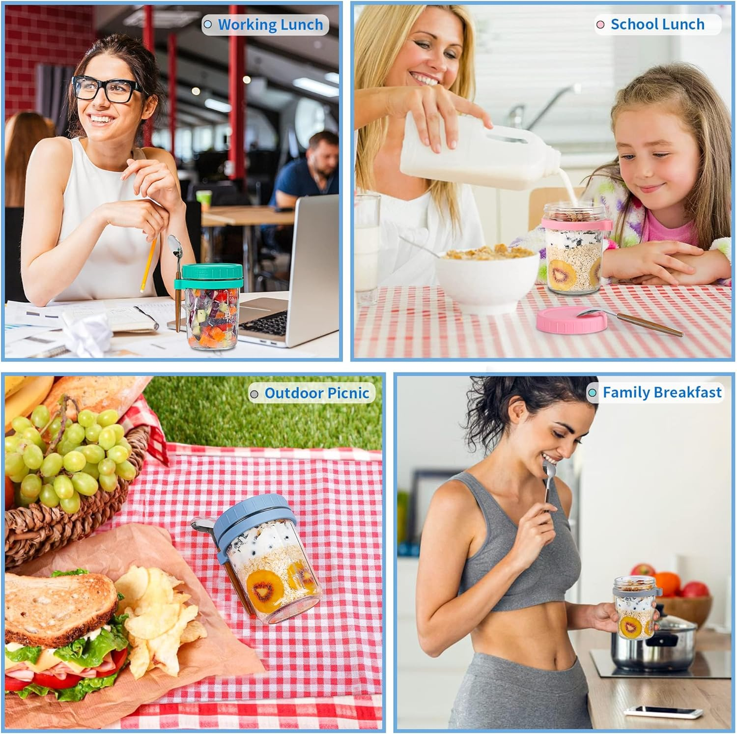 4 Pack Overnight Oats Containers with Lids and Spoons, 350Ml Glass Mason Jars for Overnight Oats, Large Capacity Airtight Jars for Milk, Cereal, Fruit (350Ml) image number 6