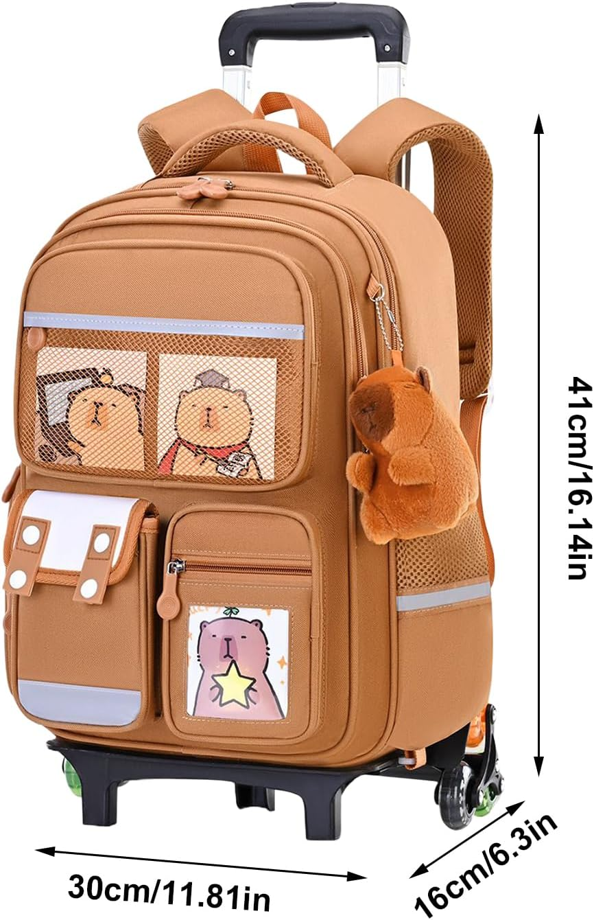 Generisch Rolling Backpack with Capybara Pattern Backpack on Wheels - Extendable Telescopic Handle Height Adjustable Large Capacity Luggage Suitcase for Girls Children College Travel Plane, Six Rounds image number 4