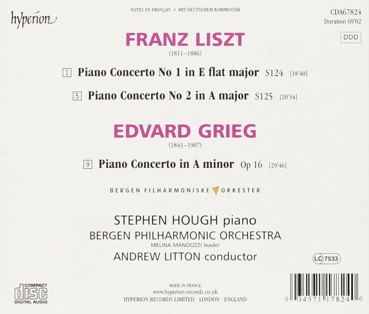 Grieg: Piano Concerto in a Minor; Liszt: Piano Concertos Nos.1 & 2 image number 1