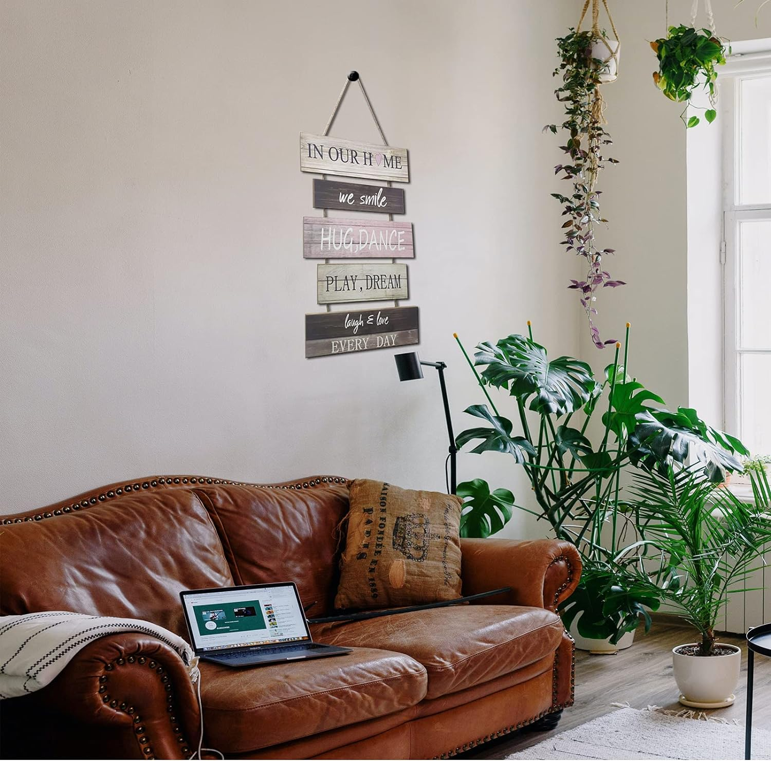 Gywyw Wall Hanging Sign, Rustic Wooden Hanging Welcome Wall Sign Decor, (We Smile, Hug, Play, Dream, Laugh & Love Every Day) - Home Wall Decoration Sign for Living Room, Bedroom, Family, Farmhouse And image number 1