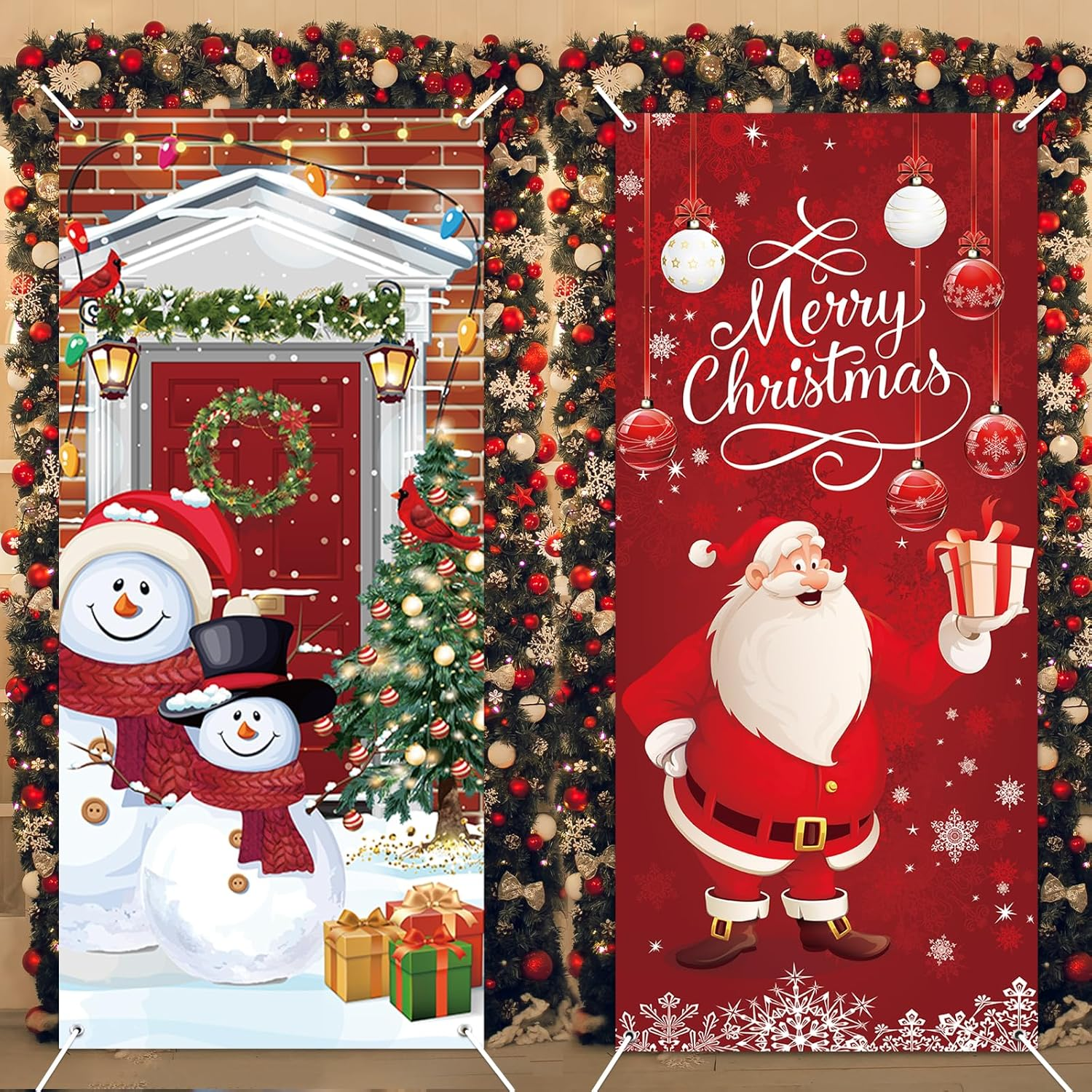 2 Pcs Christmas Door Cover Decoration Christmas Door Decorations Santa Claus Xmas Snowman Door Decorations Sign Window Front Door Party Home Decors Backdrop Banner,35.4 X 78Inch image number 6