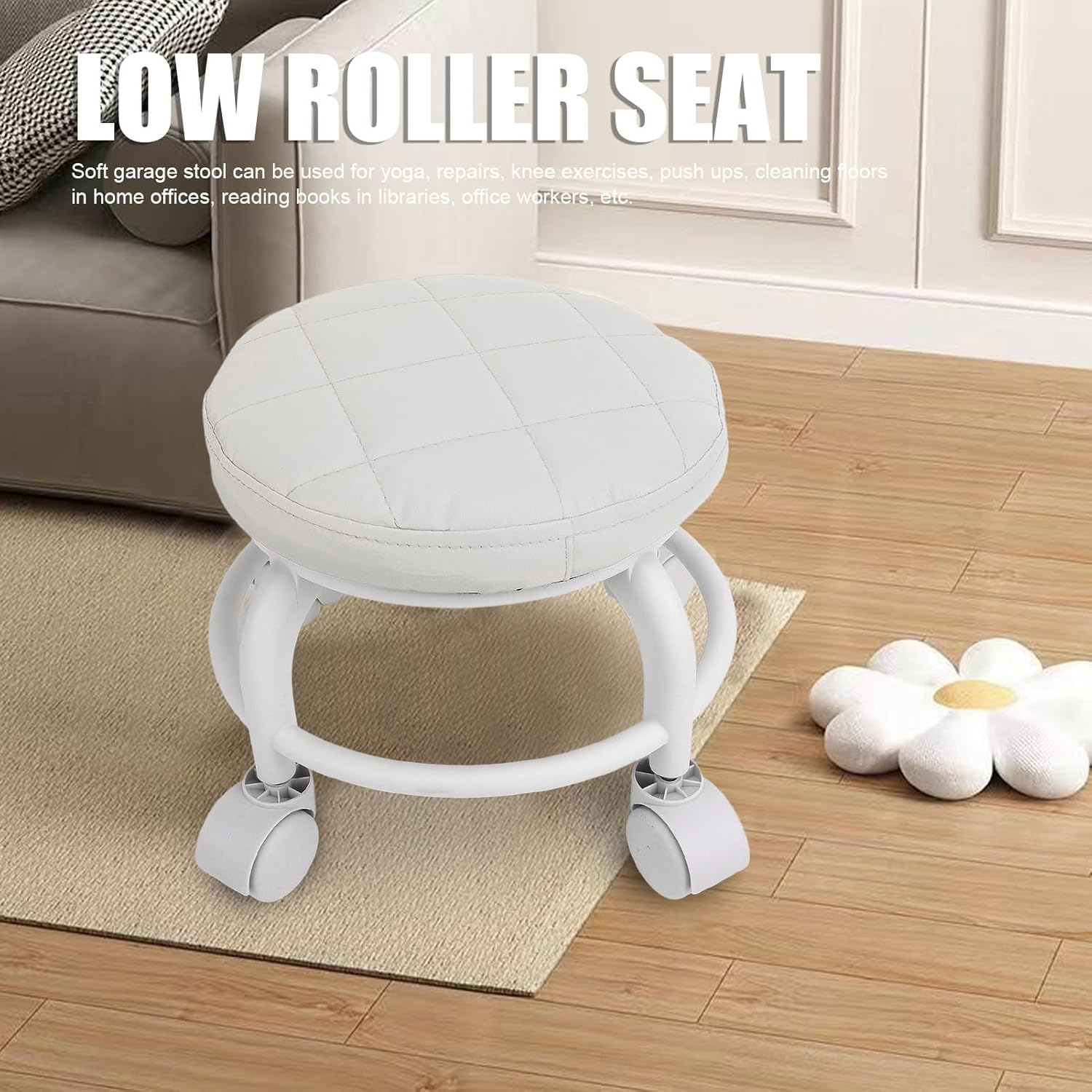 Pedicure Stool with Wheels, Garage Stool Mute Wheel Swivel, Short Stool on Wheels, Low Rolling Stool Chair for Home Office Garage Shop (White) image number 3