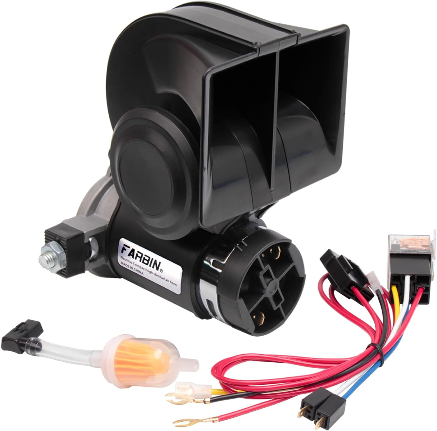 FARBIN Air Horn for Truck,Compact Electric Train Horn,Car Horn 12V 150Db Super Loud with Wiring Harness,For Any 12V Vehicles (Black Horn with Wiring Harness, 12V)