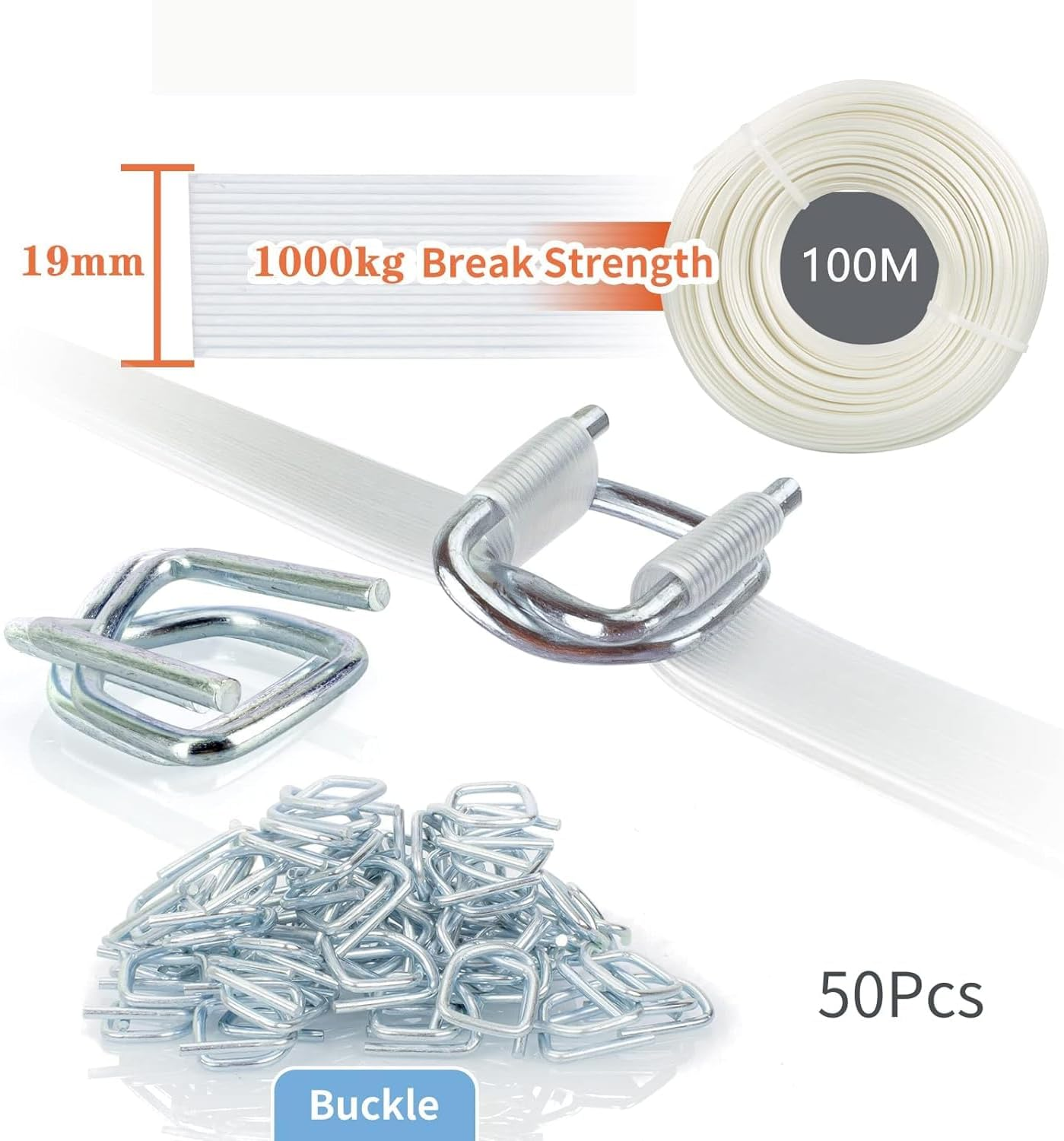 Anmas Rucci Heavy Duty Pallet Strapping Tools Kit - 3/4" X 328' Woven Cord Strapping Kit, 2000 Lbs Break Strength, Strapping Tensioner Tool, 50Pcs Reusable Buckles image number 1