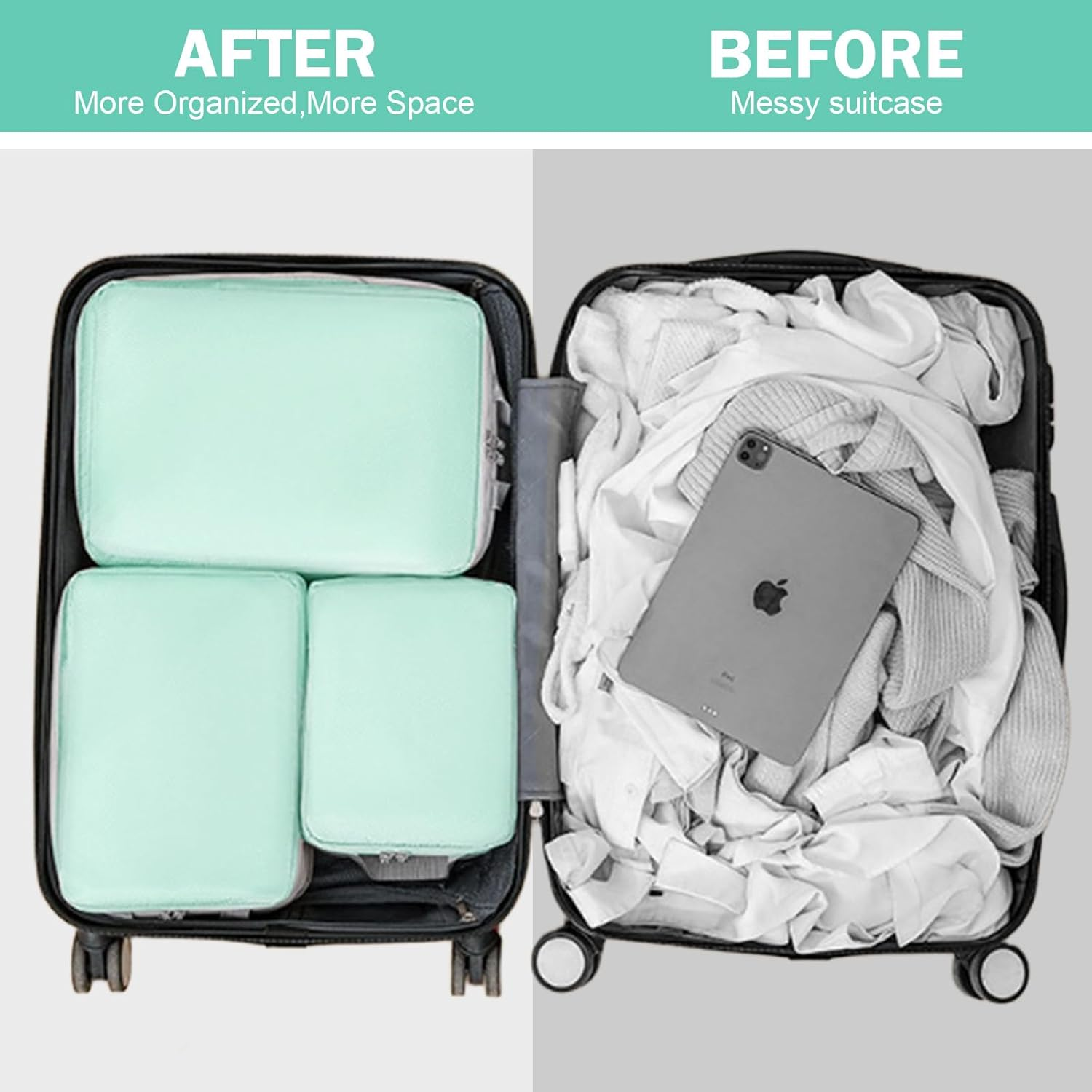 Compression Packing Cubes, 4 Set Travel Packing Cubes for Carry on Suitcases, Packing Cubes for Carry on Luggage & Travel Storage Bags for Luggage, Packing Organizers (Turquoise) image number 2