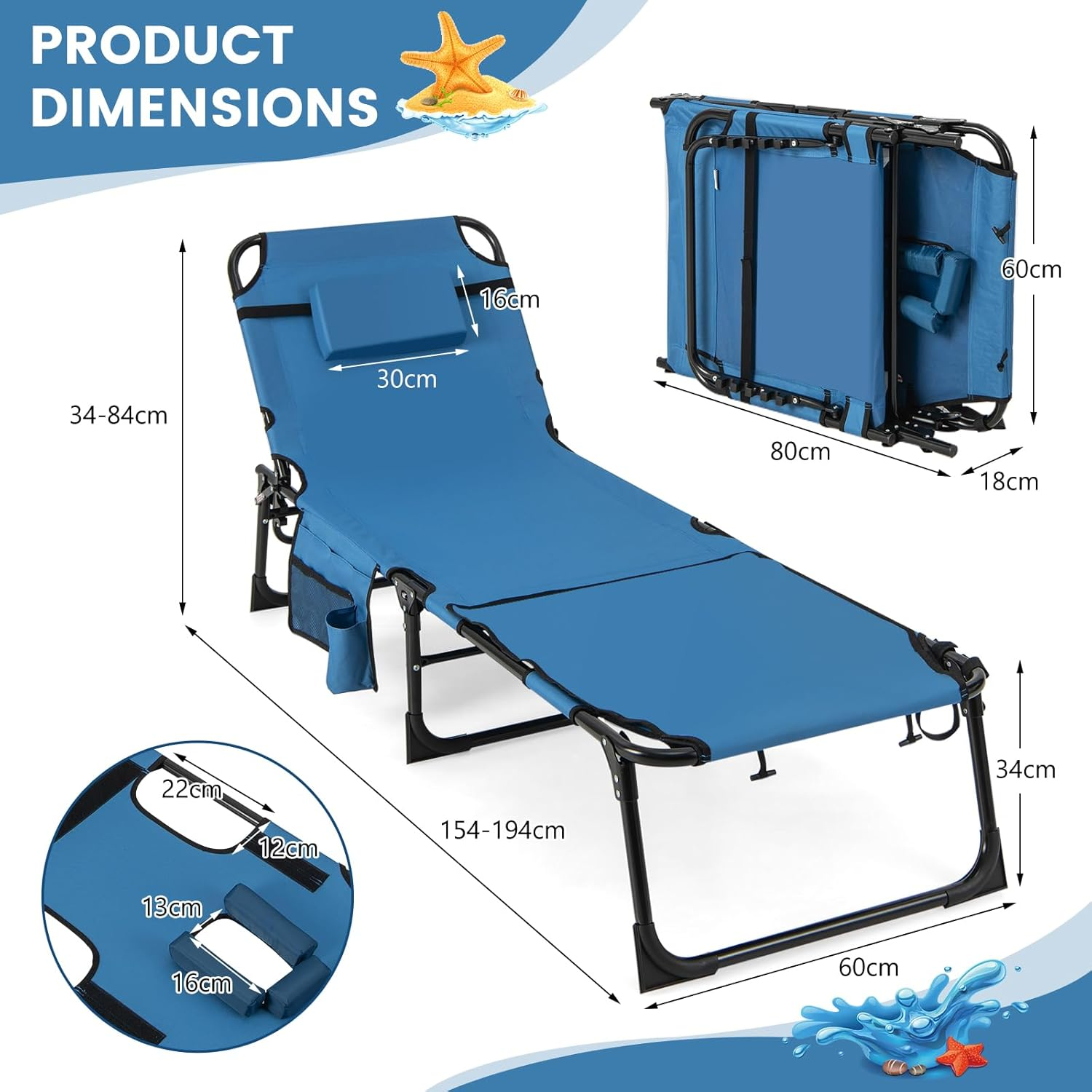 Costway Folding Convertible Camping Lounger W/Face Hole & Pillows & Storage Pocket, 5-Position Adjustable Backrest, Portable Camping Cot Bed Recliner for Beach, Camping, Patio (Blue) image number 4