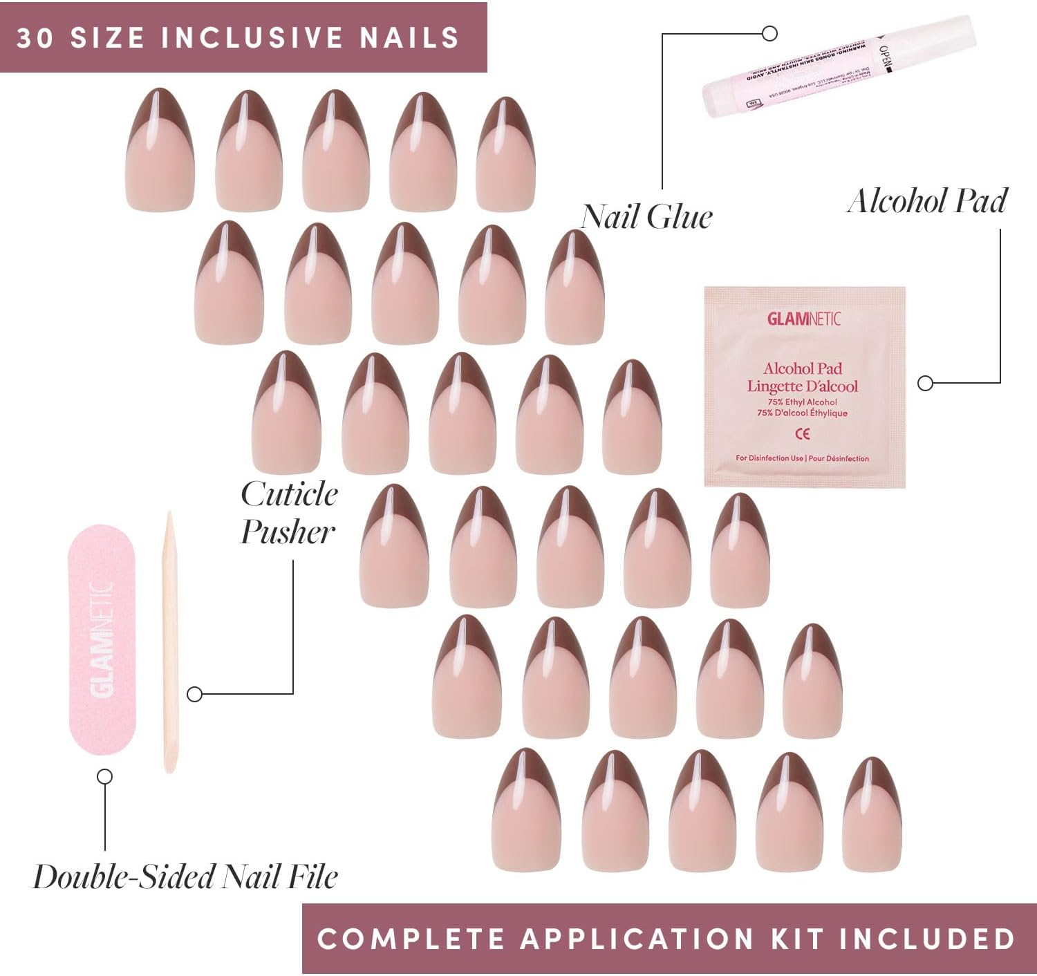 Glamnetic Press on Nails - Chocolat | Semi-Transparent Dark Brown French Tip Short Almond False Nails, Reusable Stick on Fake Nails with Glue | Salon Quality | 15 Sizes - 30 Nail Kit - Chocolat image number 3