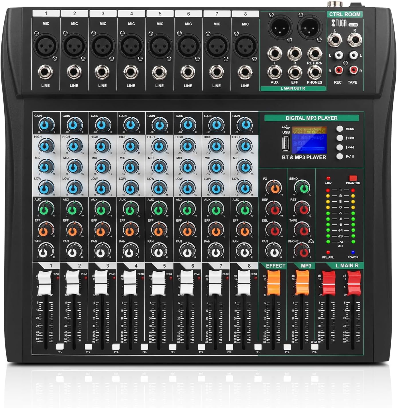 XTUGA CT80 8 Channel Audio Mixer for PC Recording Professional Sound Board Built-In Digital Effect Studio Mixer with 48V Phantom Power RCA Input Output Mp3Bluetooth EQ image number 6