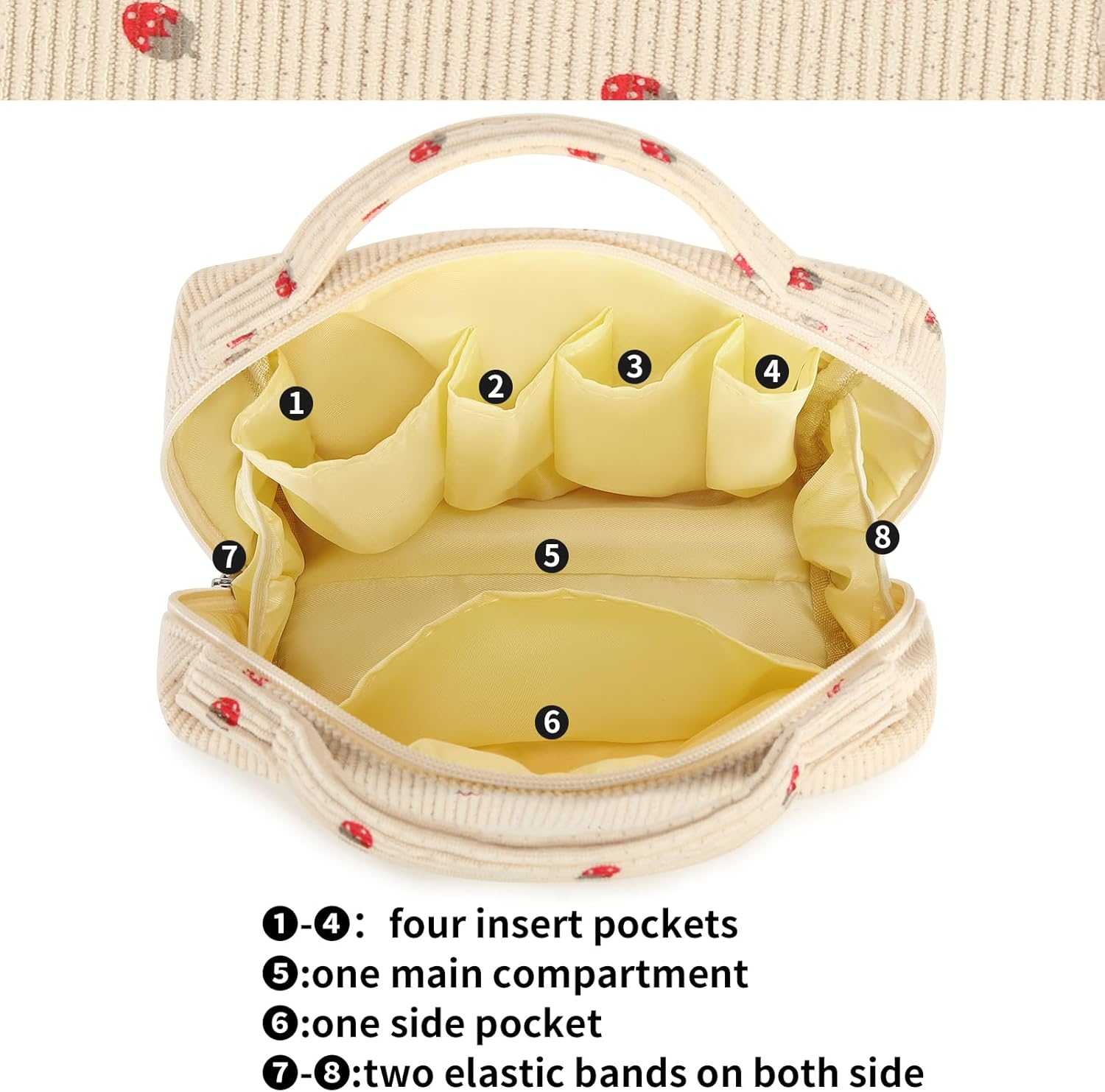 Bluboon Makeup Bag Zipper Pouch Travel Portable Cosmetic Bag Organizer for Women and Girls, Beige Strawberry Corduroy, Strawberry Corduroy Beige Cosmetic Bag - Cloud Beige image number 7