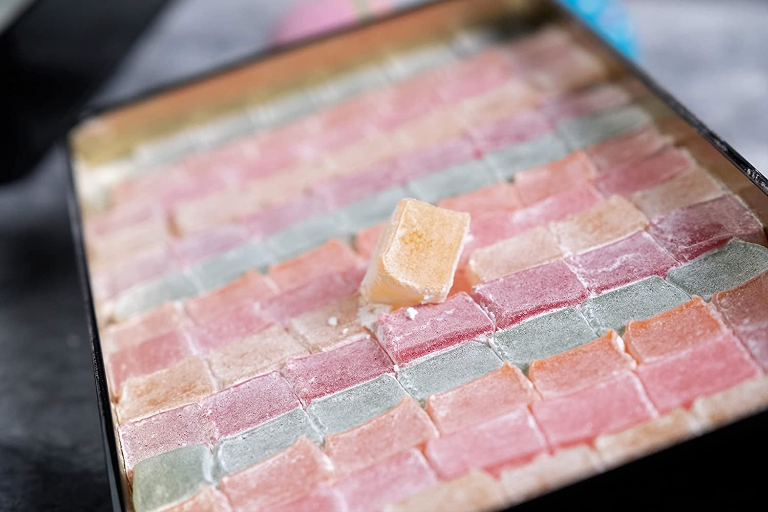 Mughe Gourmet Turkish Delight Candy Elegant Metal Box - 1.65Lbs/750Gr - Halal, Vegan Lokum Fruit Flavors Rose, Strawberry, Lemon, Orange, Mint - Perfect for Special Occasions, Christmas, Birthdays image number 6