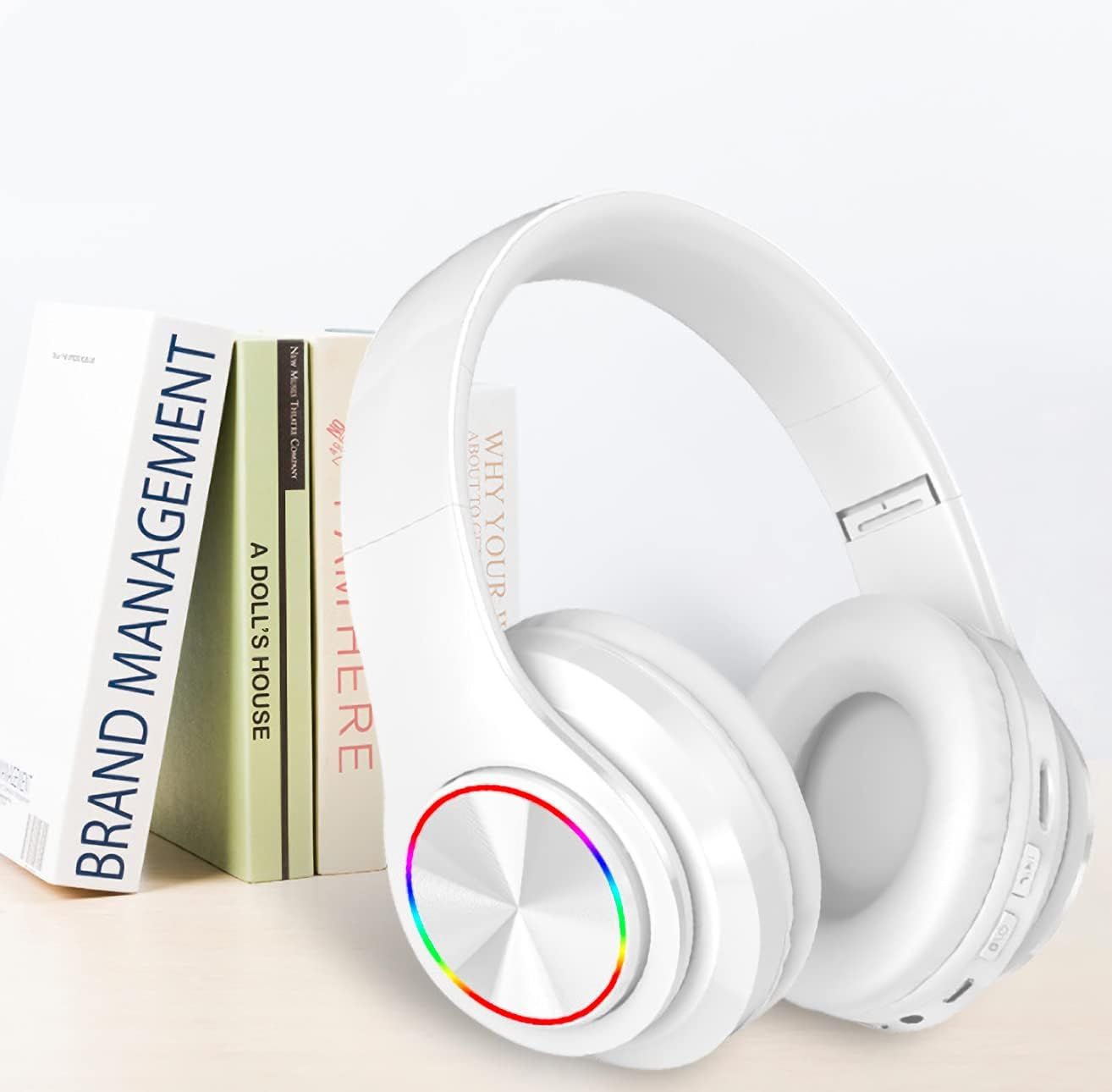 Wireless Bluetooth Headphones-Colorful Lights/Foldable/Built-In Microphone-Bluetooth 5.0/10 M Range/Stereo Surround/Comfortable Affixed Ears (White 1) image number 3