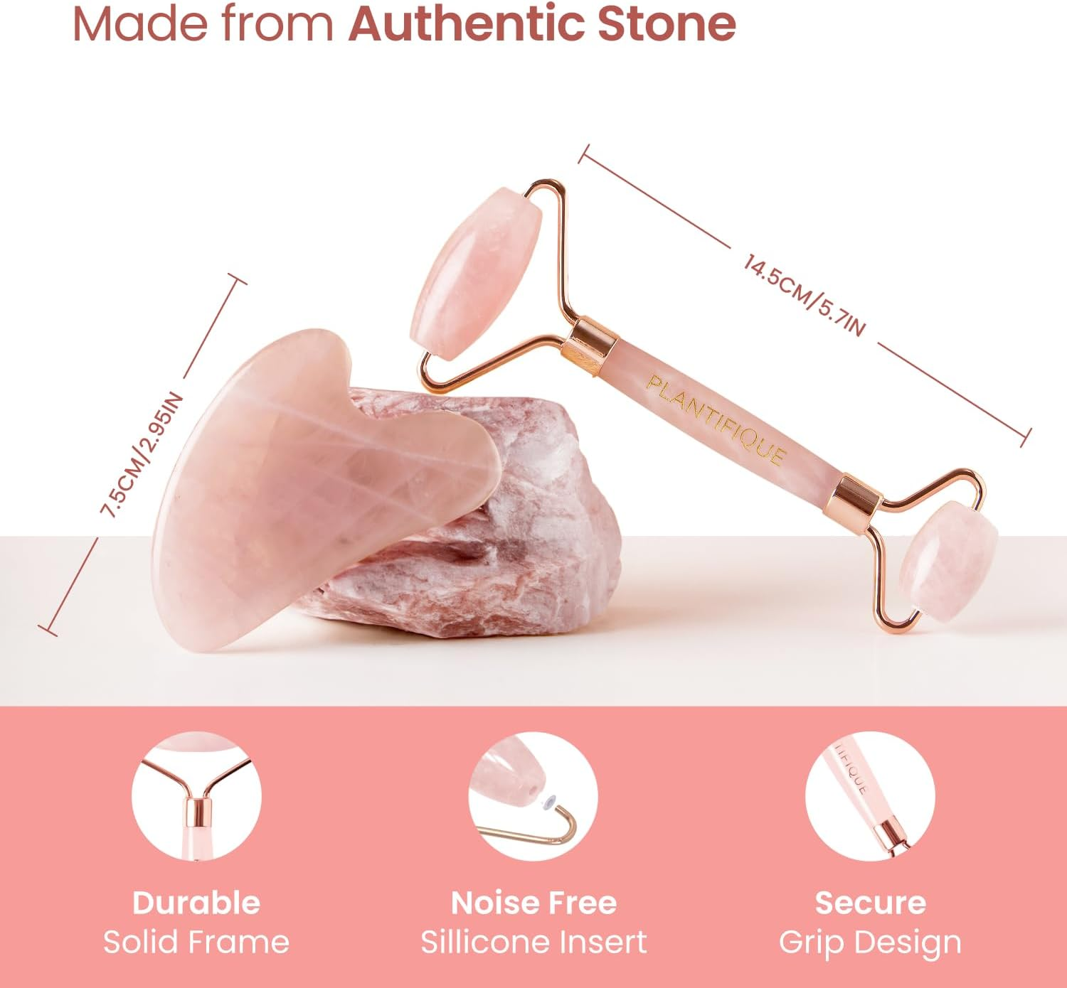 PLANTIFIQUE Face Roller and Gua Sha Rose Quartz Certified | Gifts | Guasha Tool for Face | Jawline Shaper | Your Skin Care Routine image number 5