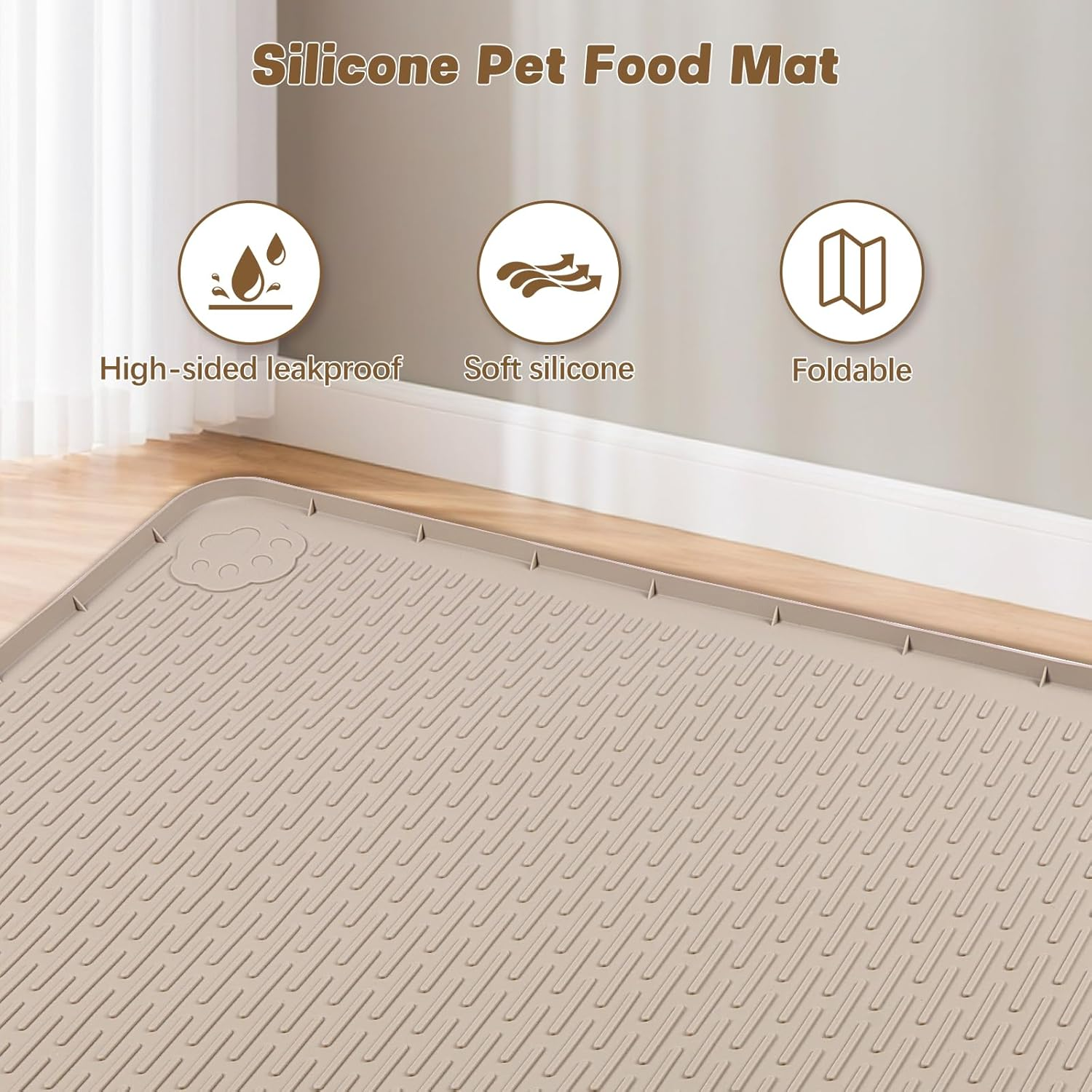 Bartuke Cat Food Mat, 127 X 89Cm Extra Large Silicone Pet Feeding Mat with Raised Edge Pet Placemat for Food and Water Bowl Non-Slip, Easy to Clean, Floor Protection (Khaki)