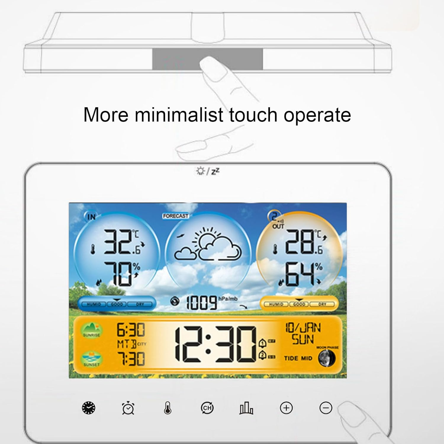 Zerodis Weather Forecast Station Clock,Indoor Outdoor Touch Digital Time RF Sensing Hygrograph Thermometer Humidity Meter Weather Monitor Alarm Clock for Living Room Baby Room Garage image number 5