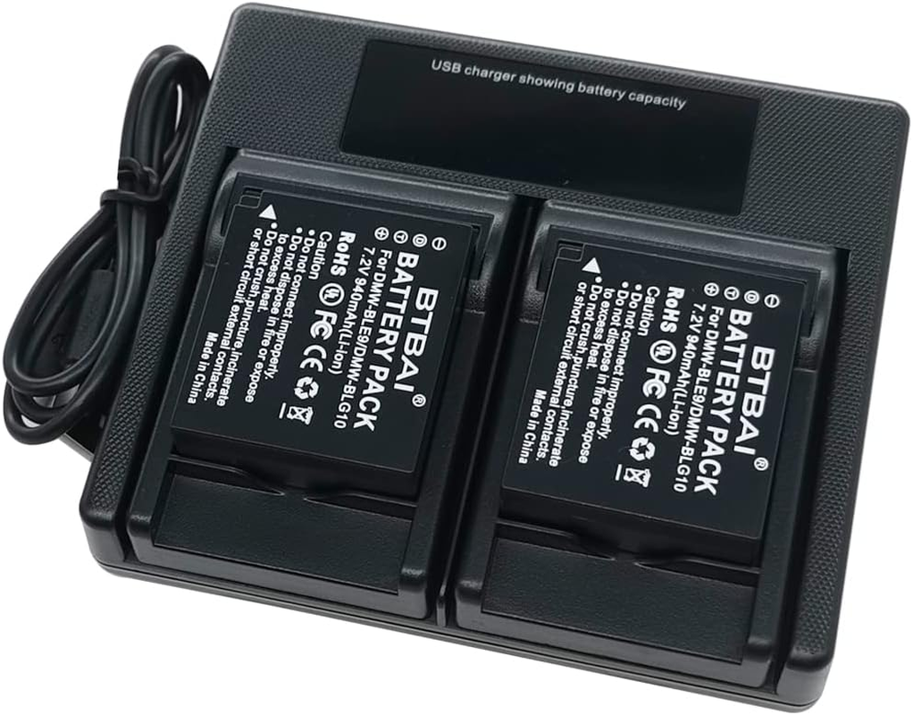 USB LCD Dual Charger +2X 940Mah Battery for Panasonic DMW-BLE9E DMW-BLE9 DMW-BLG10E DMW-BLG10 Lumix DC-TZ100 DC-TZ90 DMC-GX7 DMC-GX85 DC-ZS200/TZ200 TZ220 DMC-GF3 DMC-GF5 DMC-LX100 Camera image number 1