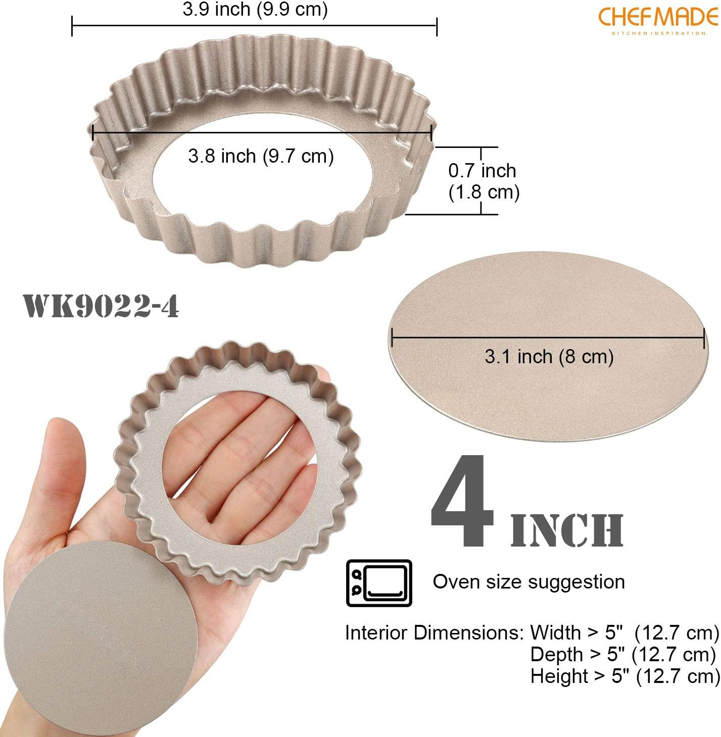 CHEFMADE Mini Tart Pan Set, 4-Inch 4Pcs with Removable Loose Bottom Non-Stick round Quiche Bakeware for Oven and Instant Pot Baking (Champagne Gold) image number 2