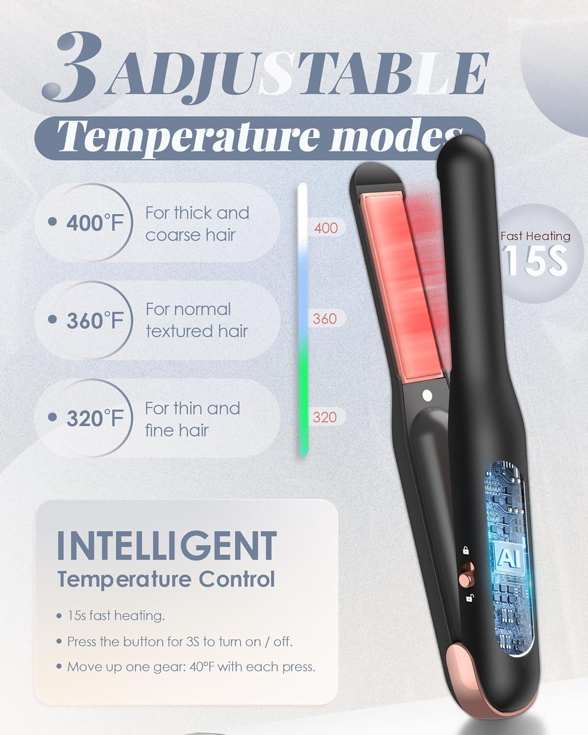 NOVUSPRO Cordless Type-C Rechargeable Mini Hair Straightener, 2 in 1 Portable Travel Flat & Curling Iron, Wireless Premium Straightener for All Types with 4000Ma Battery & Adjustable Temp (Black) image number 3