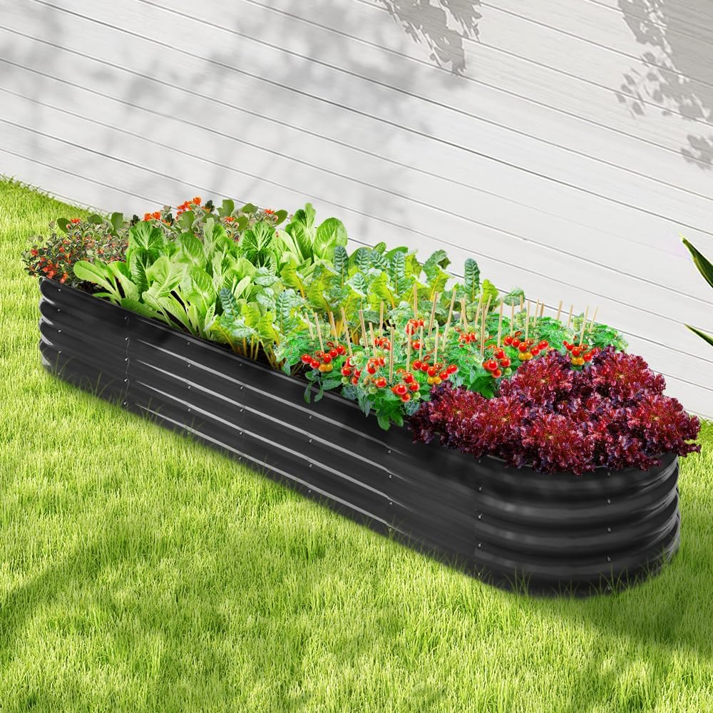 LI LIVSIP Galvanized Raised Garden Bed - Large Oval Planter Box for Outdoor Plants Vegetables Flowers Fruits, Gardening Gloves & Pegs Included, 320X80X42Cm, Grey