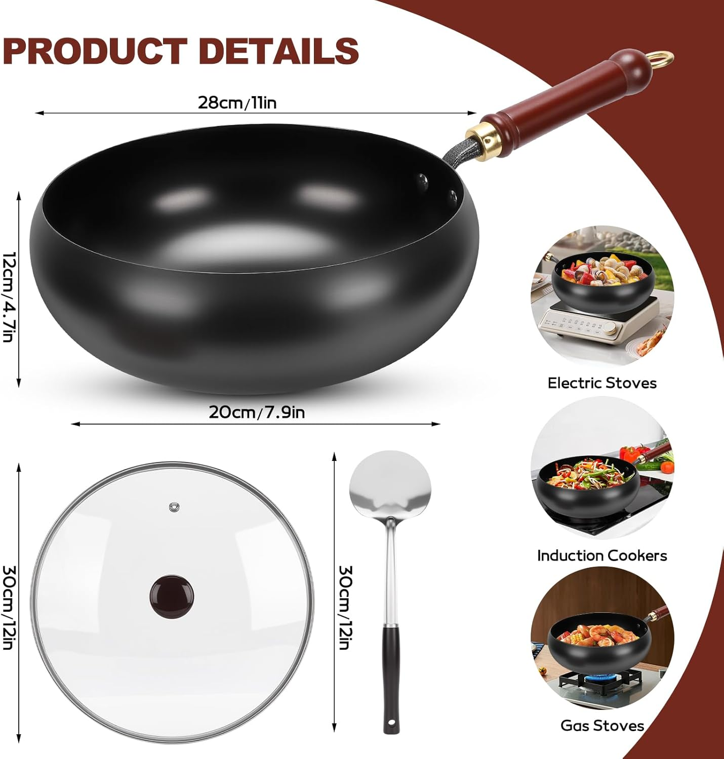 Suntuup Japanese Iron Pan, 28Cm Cast Iron Wok, with Spatula, 2 Covers to Choose From, for Pots on Electric Stoves/Induction Cookers/Gas Stoves (Glass Lid) image number 3