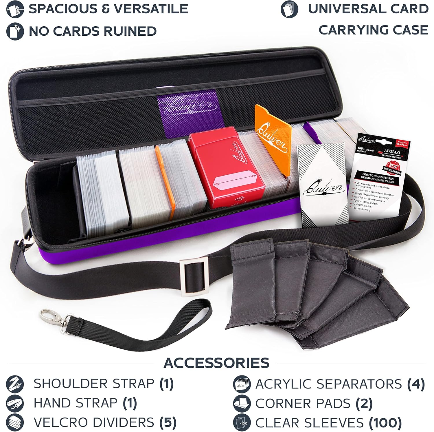 Quiver Time Purple Quiver Card Carrying Case - TCG Cards Deck Box Holder for Trading Cards, MTG Bag Playing Card Case (+Wrist & Shoulder Strap, Dividers, Separators, Corner Pads + 100 Apollo Sleeves) image number 3