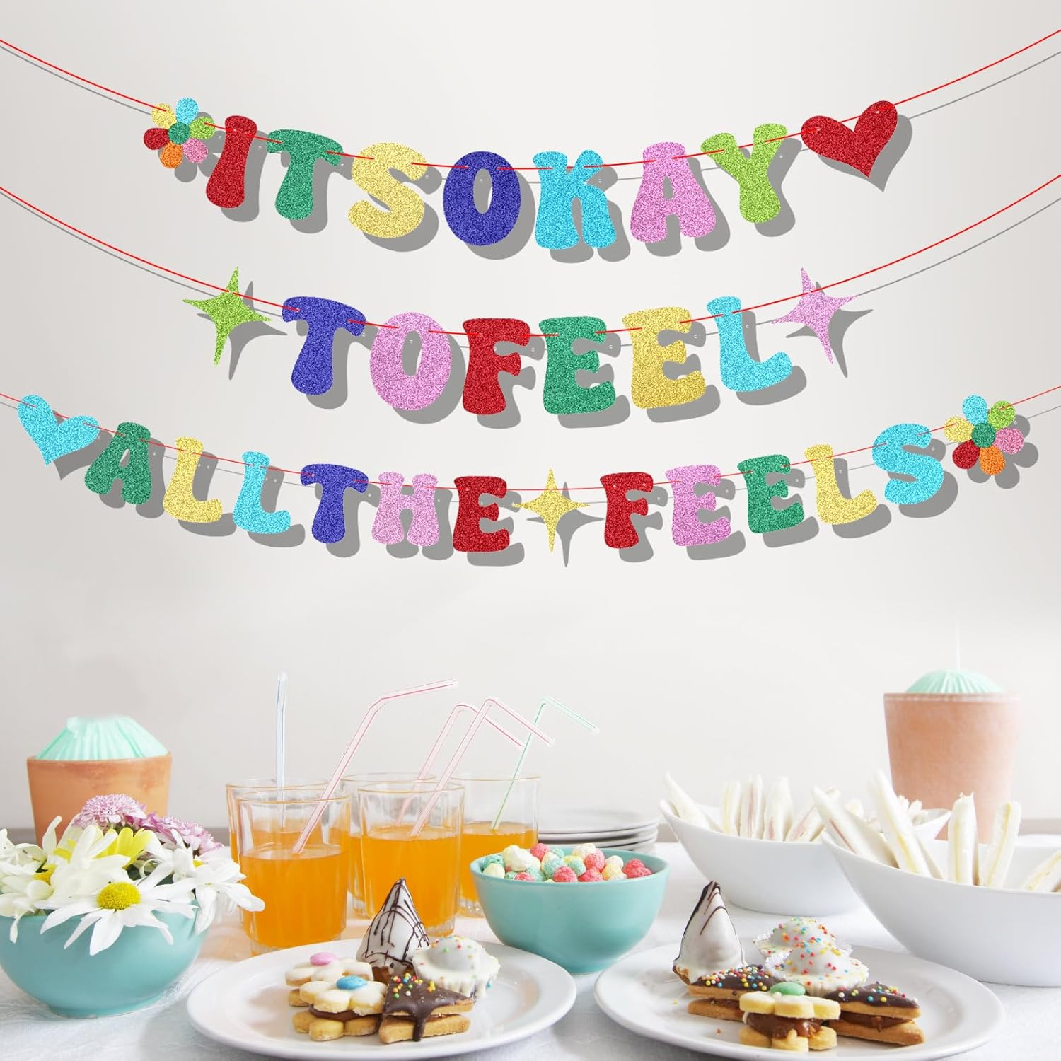 Inside Birthday Party Decorations Banner, Pre-String Glitter It'S Okay to Feel All the Feels Banner Colourful Party Hanging Decoration for Fireplace Mantel Wall image number 4