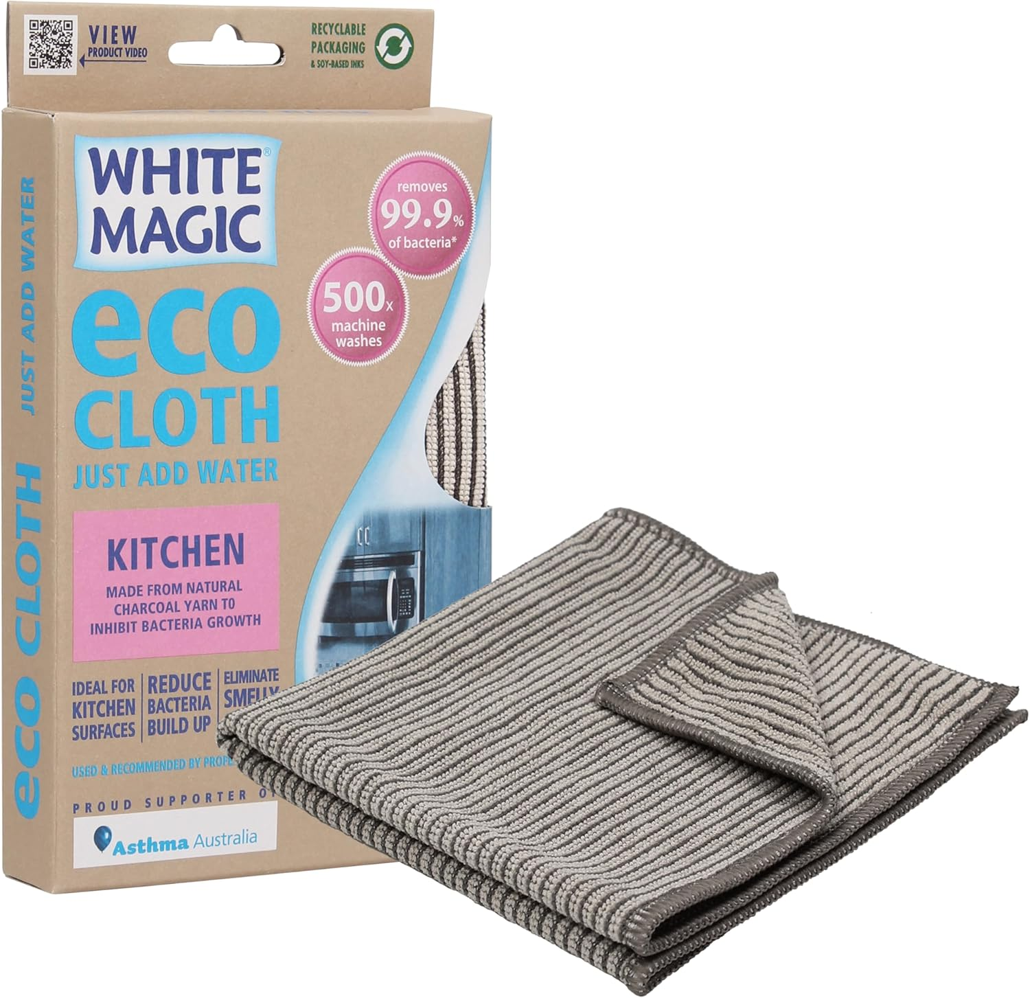 White Magic Eco Cloth Kitchen &ndash; 32 X 32 Cm, Charcoal Yarn Inhibits Bacteria, Chemical-Free Cleaning with Just Water, Picks up 99.9% of Bacteria, Machine Washable up to 500 Times