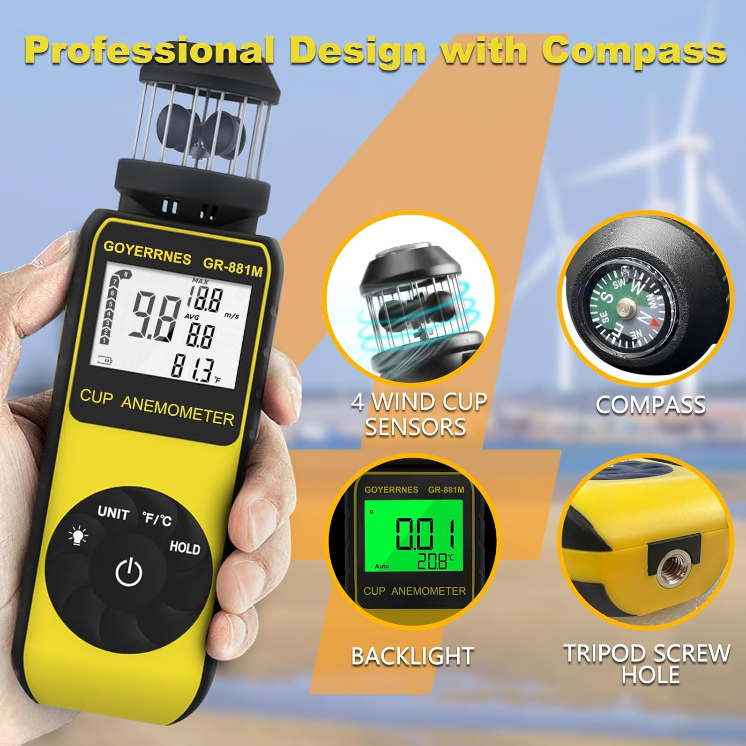 Handheld Cup Anemometer with Compass, 93MPH Digital Wind Speed Meter, CFM Air Flow Wind Velocity Measuring Device Gauges for Outdoor Sailing Surfing Drone Flying HVAC - Yellow image number 3