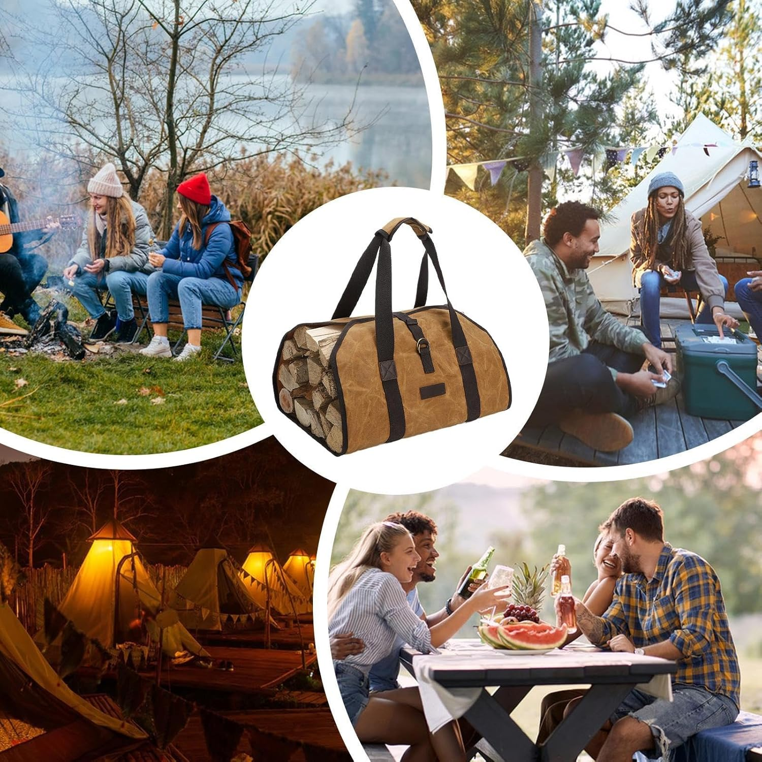 Waxed Canvas Firewood Bag Carrier, Heavy Duty Firewood Log Carrier, Water Resistant Log Tote Wood Carrying Bag with Handles for Camping Trip, Log Carrier Tote Wood Stove Accessories image number 5