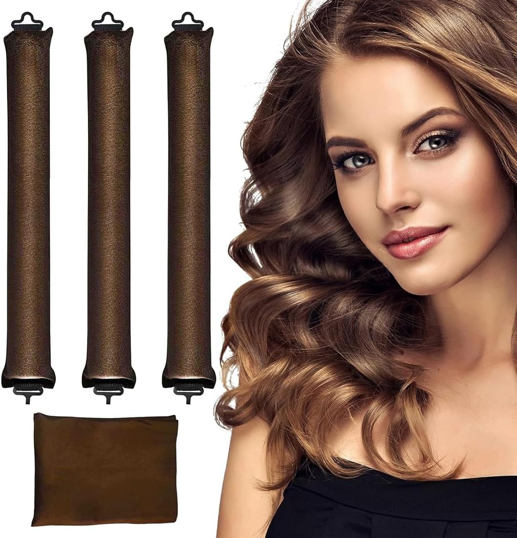 KIRZAX Heatless Curls Band, Pack of 4 Overnight Overnight Blowout, Heat Free, DIY Overnight Curls Rubber, Curls Overnight with Hooks, for Medium Long Hair (Brown) image number 3