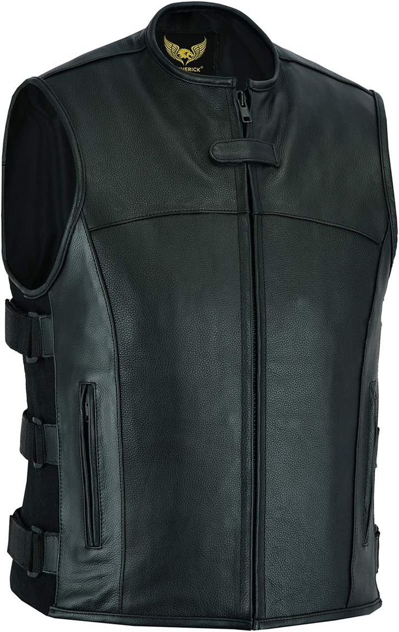 Leatherick Men'S Collarless Tactical Style Leather Warrior Motorcycle Waistcoat Black with Gun Pockets