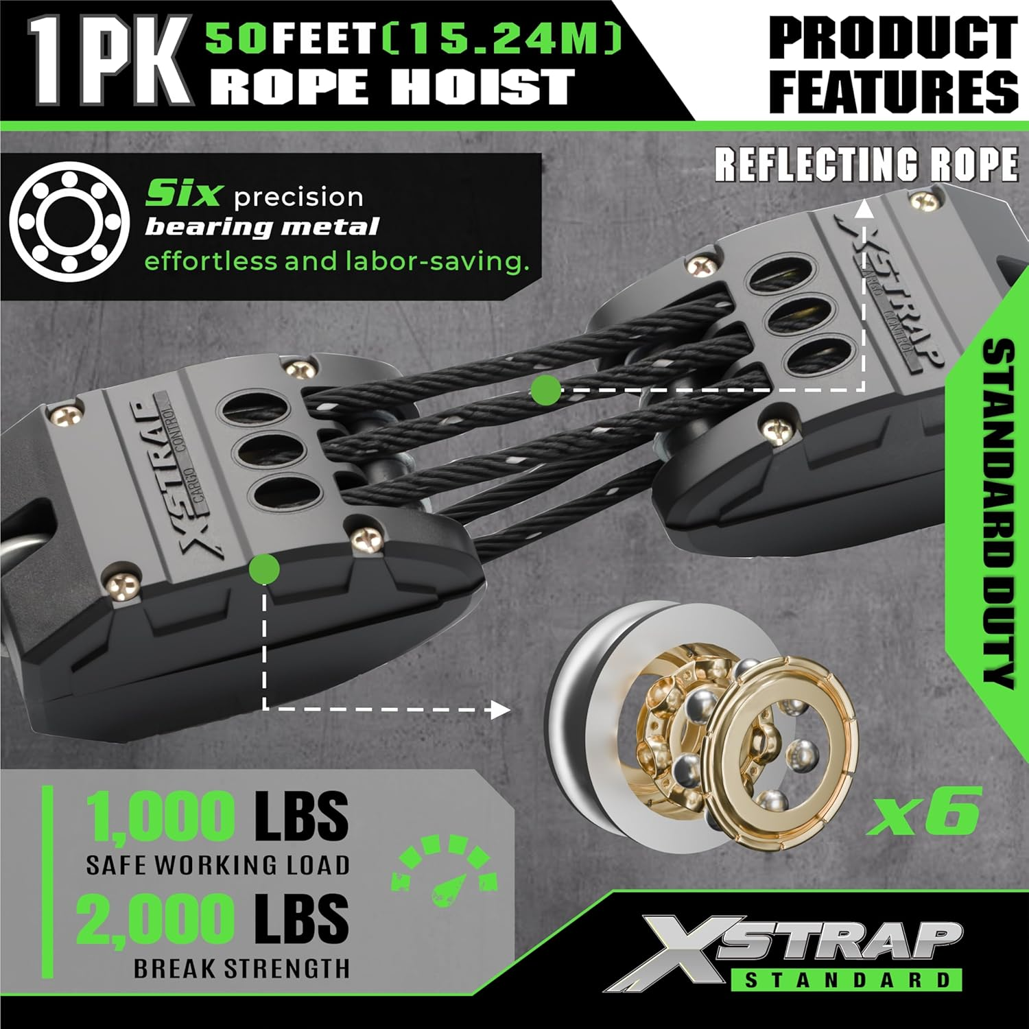 XSTRAP Standard Heavy-Duty 2,000LB Reflective Rope Hoist Pulley 50 Feet Wheel Block and Tackle System with 2PK 18 Inch Soft Loops for Animal Husbandry, Garage, Warehouse, Constructions image number 5