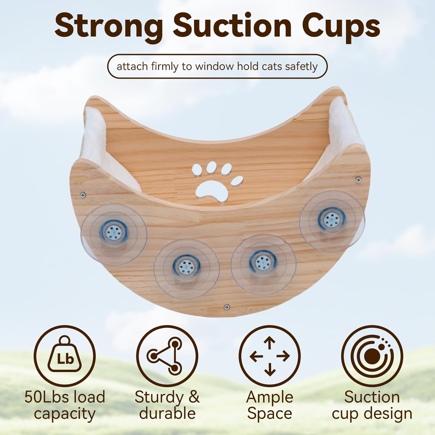 Cat Window Perch Hammock, Wooden Moon Cat Shelves with Strong Suction Cups for Indoor Cats Sleep Watch Birds, Soft Cover Mat image number 1