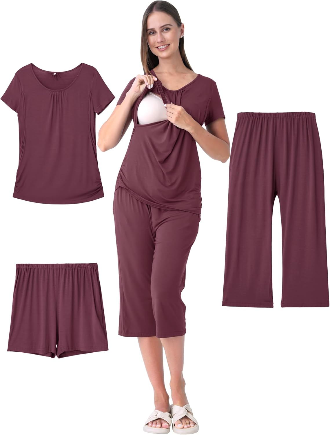 3 Piece Maternity Nursing Pajamas Set for Women Breastfeeding Shirts Pjs Postpartum Shorts&Capri Pants Pockets