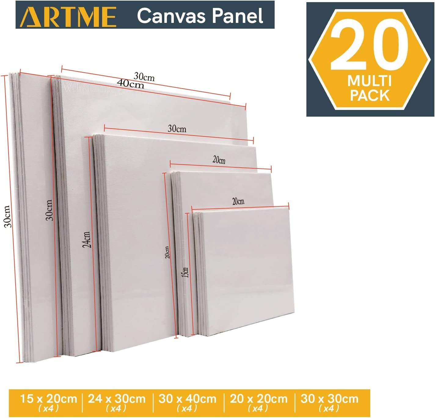 ARTME 20Pcs Canvas Panels (15X20-4Pk, 24X30-4Pk, 30X40-4Pk, 20X20-4Pk, 30X30-4Pk) 3Mm Blank Artist Canvas Board / 280GSM/ 100% Cotton/Triple Primed/Acid Free/Medium Grain- Acrylic & Oil Painting image number 4