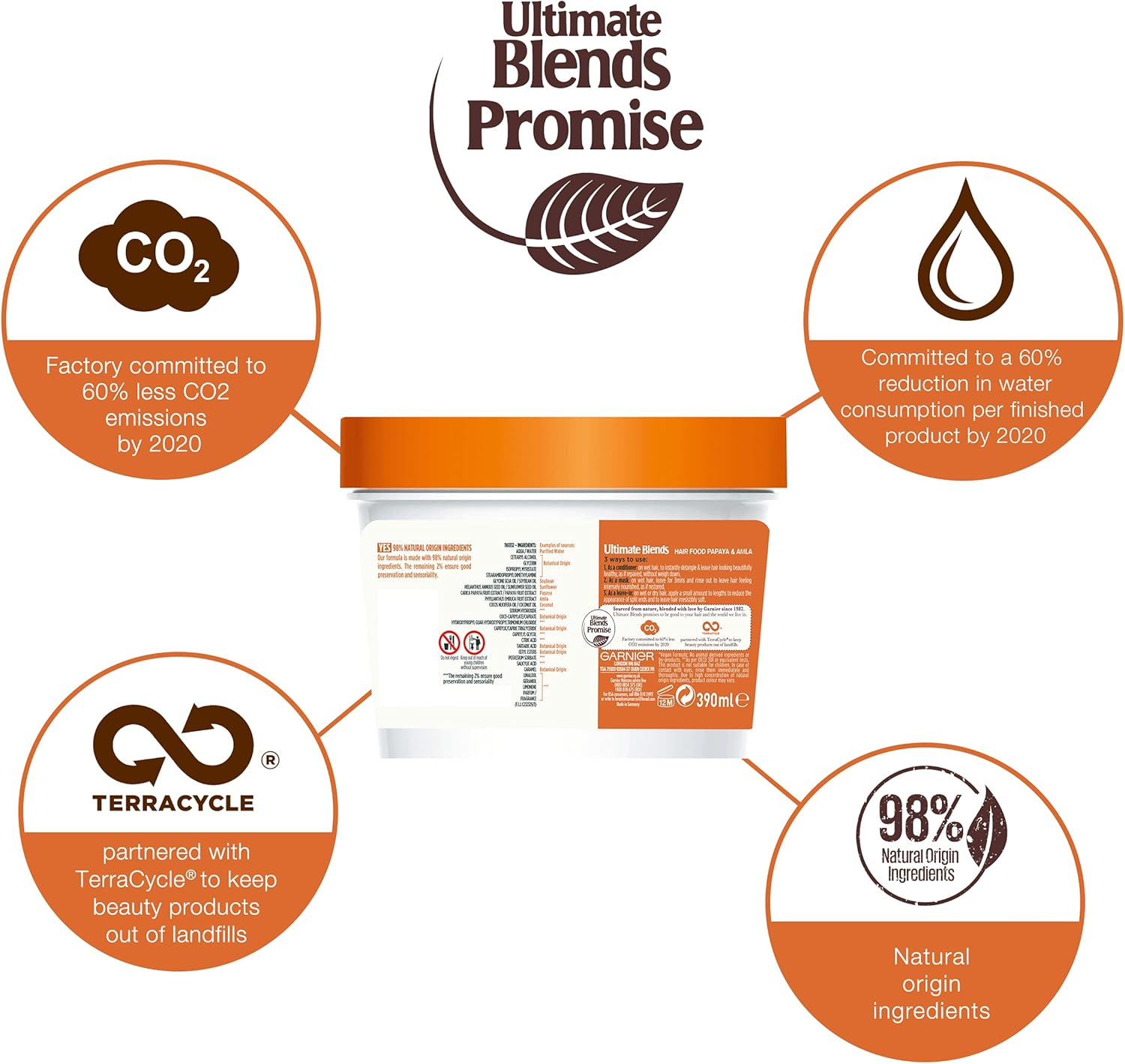 Garnier Hair Mask for Damaged Hair | Papaya Hair Food by Garnier Ultimate Blends, 3-In-1: Conditioner, Hair Mask, Leave-In Hair Conditioner | 98 Percent Natural Origin | 390 Ml