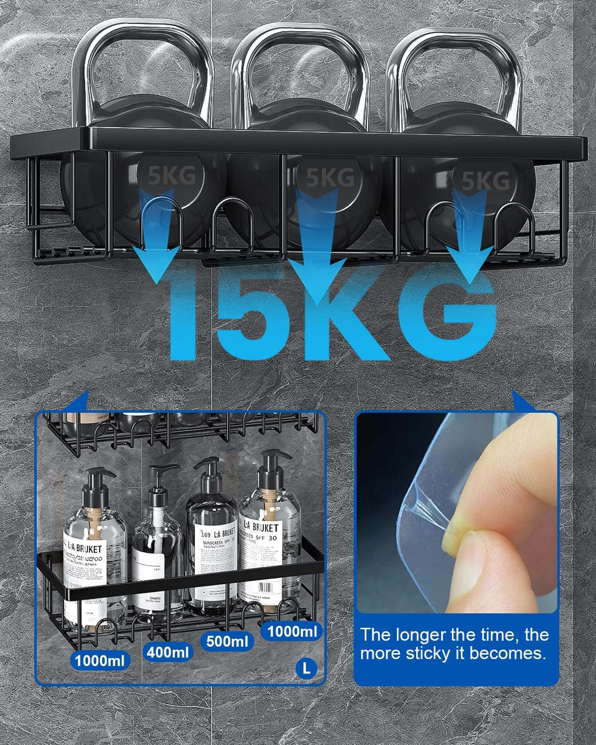 Acemining Shower Shelf without Drilling, 3-Pack Shower Shelf, Black Bathroom Shelf for Self-Adhesive, Rustproof Shower Organiser, Shower Soap Holder, Bathroom Accessory image number 4