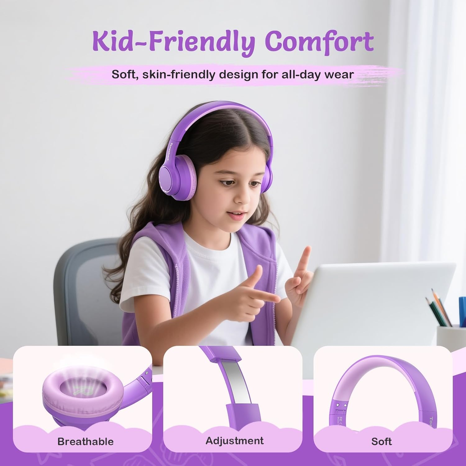 TONOSHARK Kids Headphones Wireless, Active Noise Cancelling Headphones for Kids, 60H Playtime, Bluetooth Over-Ear Headset Built-In Microphone for Home/School/Travel - Includes Portable Case (Purple) image number 4