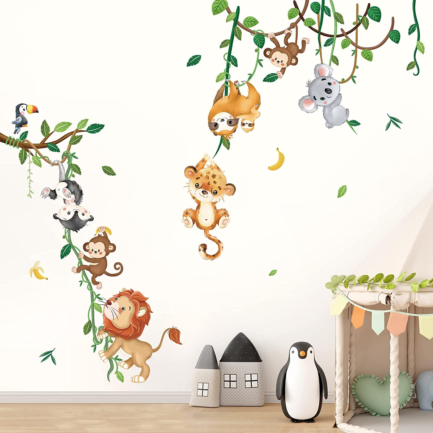 Decalmile Jungle Animals Climbing Tree Wall Decals Monkey Lion Koala Tiger Wall Stickers Baby Nursery Kids Room Living Room Home Decor