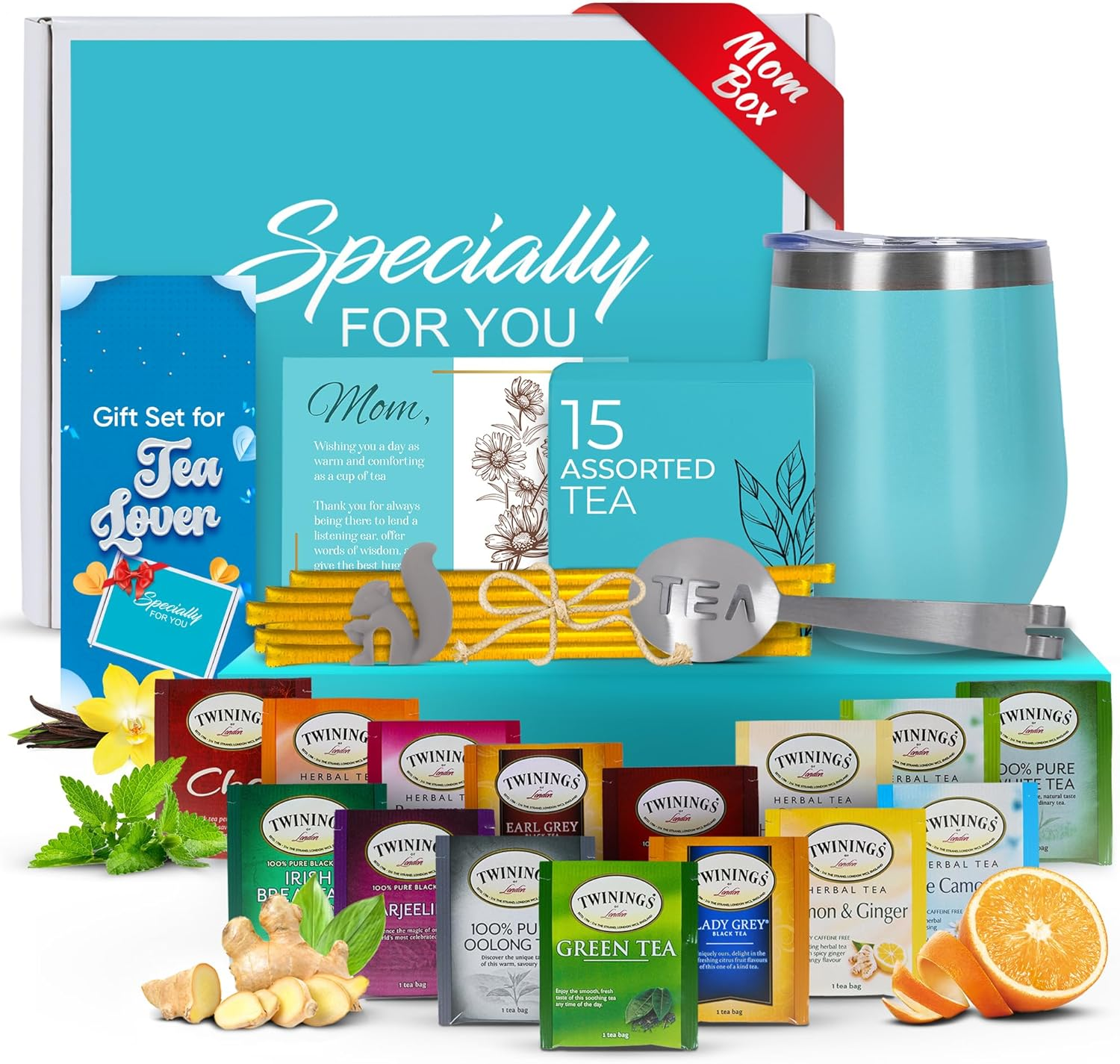 Tea Gifts for Women &ndash; Sampler Gift Basket with 15 Unique Blends, Honey Sticks, Stainless Tumbler & Gift-Ready Box (Teal)