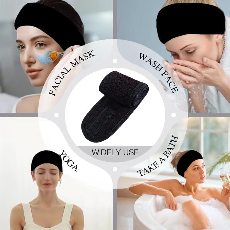 3 Pack Spa Headbands &ndash; Adjustable Skincare & Facial Head Wrap with Non-Slip Tape, Soft Terry Cloth Headband for Washing Face, Makeup, Shower, Yoga & Gym (Black, White, Grey) image number 3