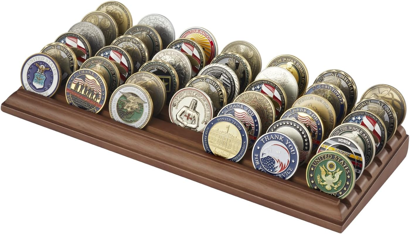 LIUYALO Military Challenge Coins Display Stand - 6 Row (Walnut Wooden Base with Black Felt Background)