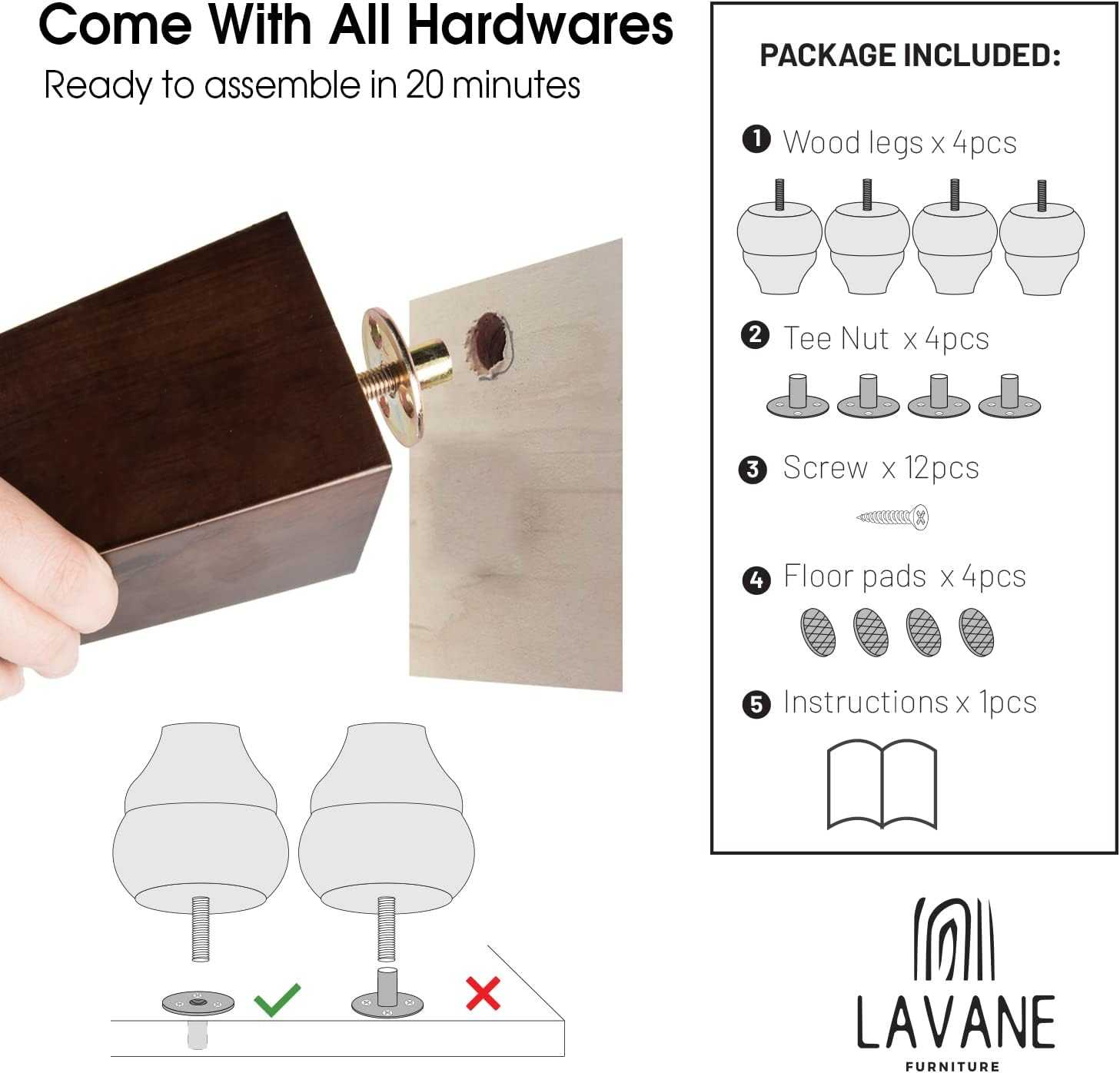 6 Inch / 15Cm Wooden Furniture Legs, La Vane Set of 4 Solid Wood Carved Geometry Unfinished Replacement Bun Feet with Mounting Plate & Screws for Sofa Cabinet Couch Table TV Stand