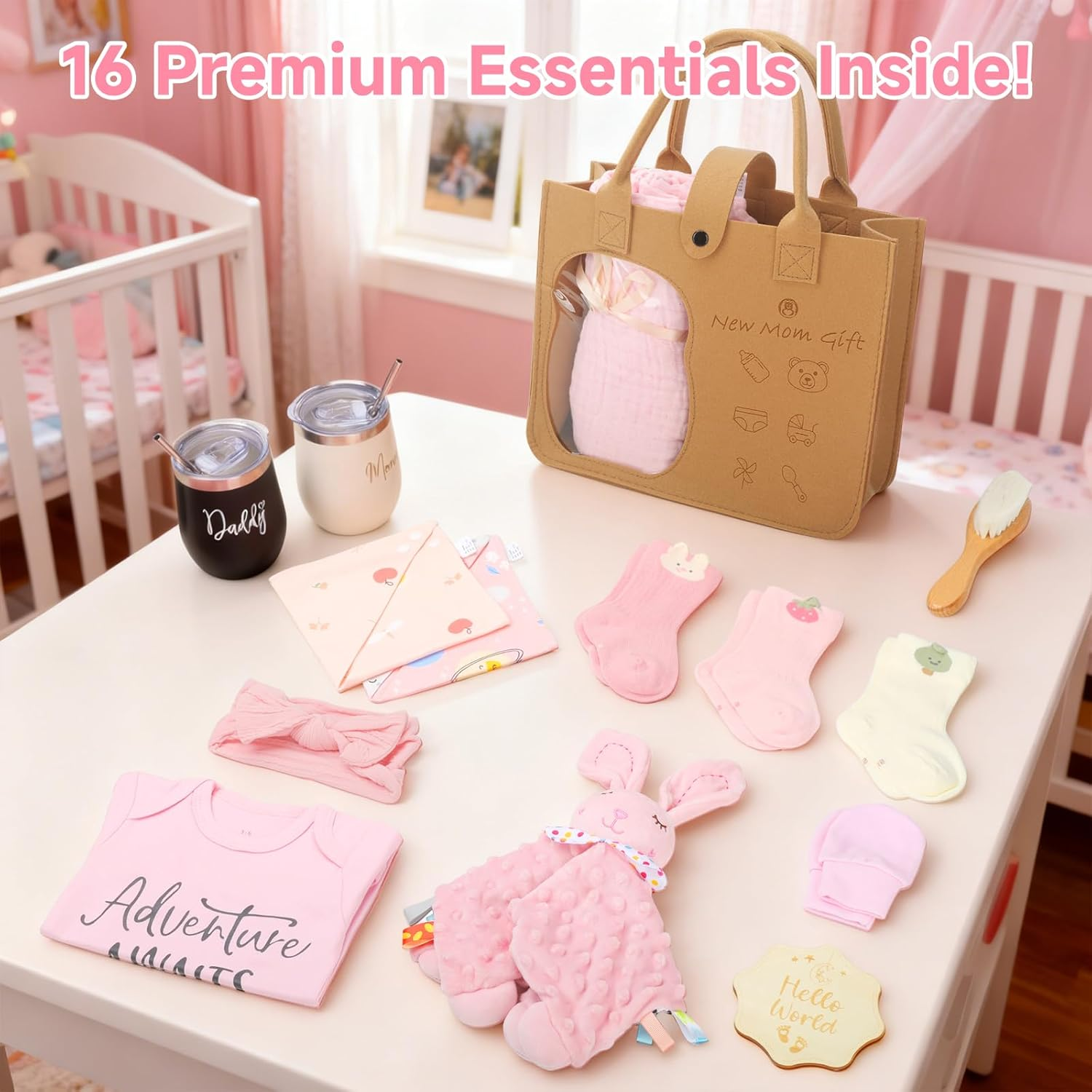 Baby Boy Gifts Basket for Newborn, 16Pcs Baby Shower Gifts Including Pink Clothes, Blanket, Bibs, Socks, Keepsake Card, Unique Baby Shower & Newborn Gift Idea image number 6